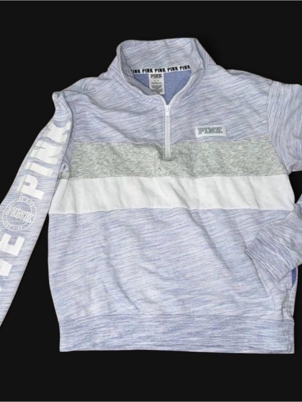 PINK Victoria's Secret Heather Gray & White Quarter-Zip Striped Pullover